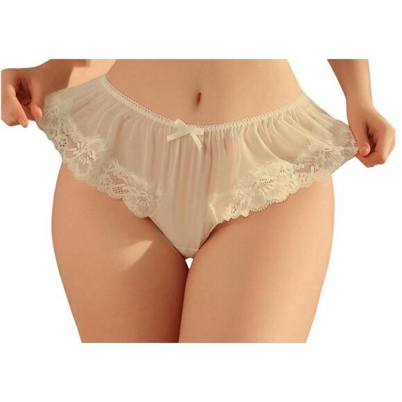 Women's Lace Sheer Ruffle Thong Panties Bowknot Mid Rise Comfortable Underwear M - Picture 11 of 11